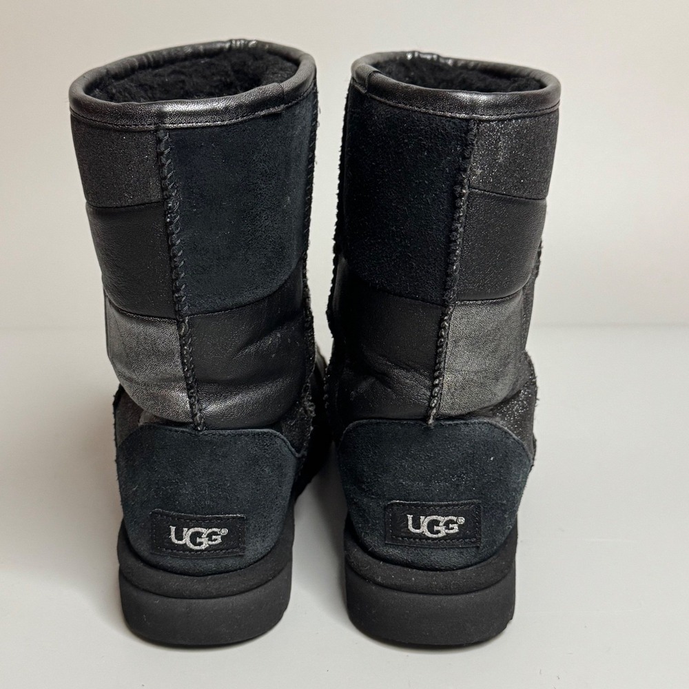 UGG Classic Womens Sz 7 Patchwork Metallic Black Silver Shearling Boots Short - Picture 5 of 10
